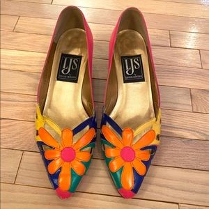 Vintage 90s Colourful & Gold Floral Leather Low Heels
